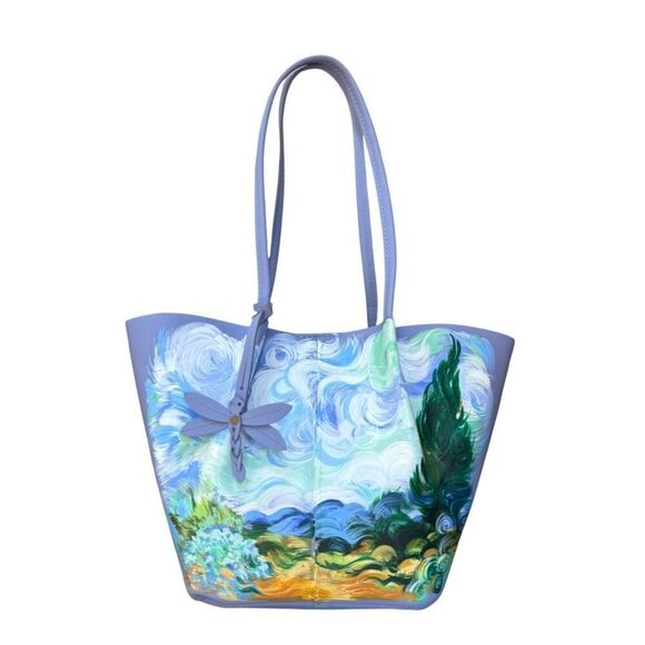 Handpainted Van Gogh 100% leather tote bag in purple New
